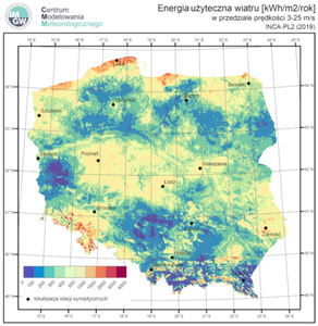 Ilustracja: Powstał atlas małej energetyki wiatrowej <br />
Średnia roczna suma energii wiatrowej na poziomie 10 m n.p.g. w terenie otwartym na obszarze Polski [kWh/m2/rok]