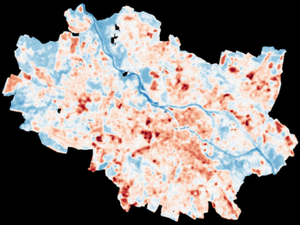 Ilustracja: POLSA zleca monitoring miejskich wysp ciepła <br />
Przykładowa mapa intensywności powierzchniowej miejskiej wysypy ciepła (Wrocław, 10 maja 2022 r.)